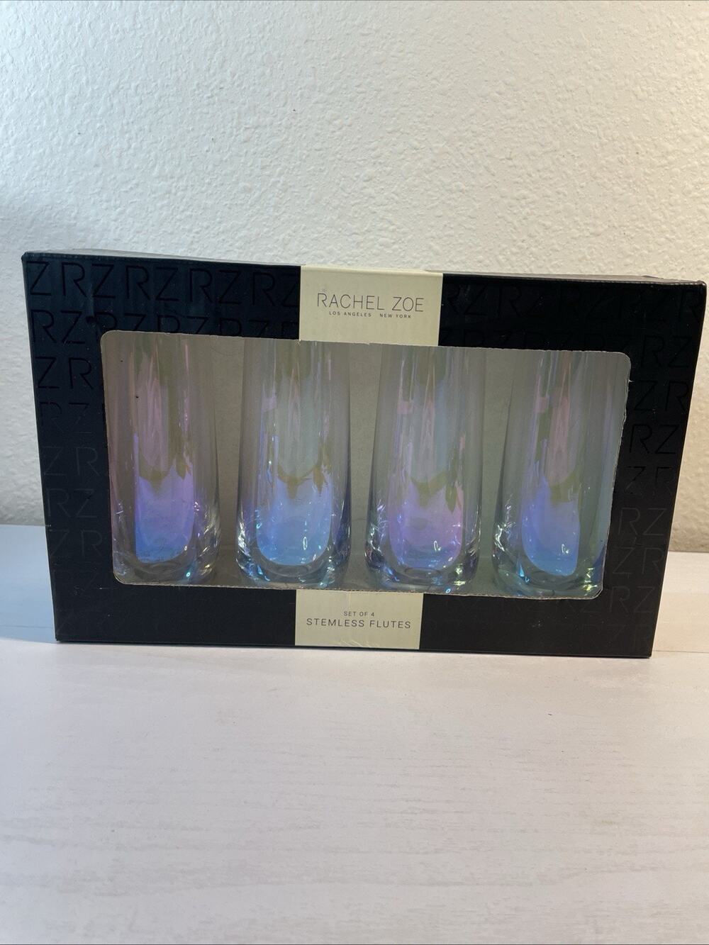NIB Rachel Zoe Iridescent Stemless Flute Champagne Glass Set Of 4